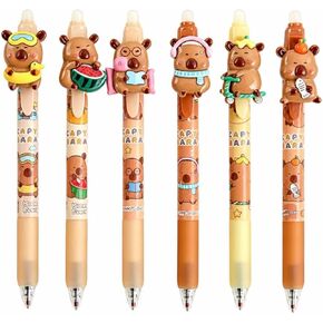 6 Pcs Cute Capybara Erasable Pens, 0.5mm Retractable Fine Point, Smooth Black Ink, Kawaii Cartoon Stationery for Back to School Office Supplies, Party Favors for Students Boys Girls Daily Use in Saudi Arabia