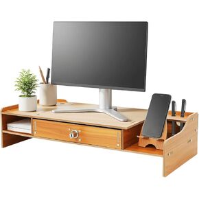 Computer Monitor Stand, Computer Rack with Lockable Drawer 11 lbs Capacity, Desktop Computer Stand with Pen Holes & Phone Holder for PC, Laptop, Printer, Screen, TV in Saudi Arabia