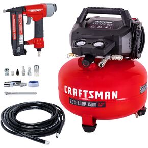ضاغط هواء للفطائر سعة 6 جالون من CRAFTSMAN مع جهاز تثبيت براد 18 جيجا، محمول خالي من الزيوت، 150 رطل لكل بوصة مربعة، 2.6 SCFM @ 90 رطل لكل بوصة مربعة، مجموعة ملحقات مكونة من 10 قطع، موديل CMXECXA0210641D in Saudi Arabia