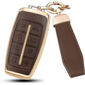QBUC لغطاء Genesis Key Fob مع سلسلة مفاتيح، حافظة حماية للمفتاح مصنوعة من الجلد تناسب Genesis G70 G80 G90 GV70 GV80 GV90 8 أزرار مفتاح ذكي (بيج، 8 أزرار) in Kuwait