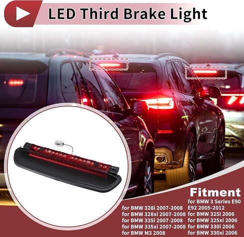 ضوء الفرامل الثالث LED لسيارات BMW 3 Series E90 E92 325i 330xi 328i 2005-2012 63257145519 مصباح توقف أحمر ثالث عالي مع حزام 63257146057 ضوء فرامل عالي المستوى في المركز الخلفي in Kuwait