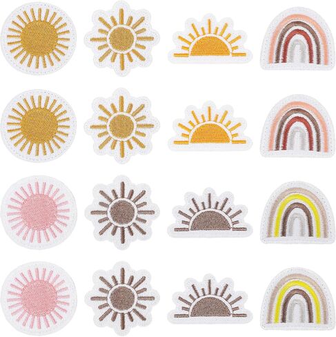 16 Pcs Sun Iron On Patches, Vintage Rainbow Embroidery Patches for Clothing Repair, Cute Boho Sewing Accessories for Decorative DIY Crafts, Jeans Backpacks Hats Jackets in Saudi Arabia