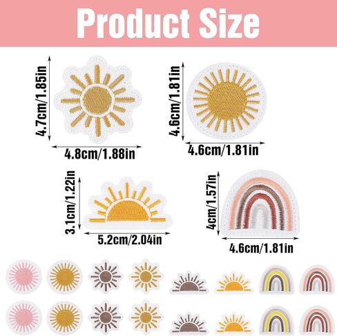 16 Pcs Sun Iron On Patches, Vintage Rainbow Embroidery Patches for Clothing Repair, Cute Boho Sewing Accessories for Decorative DIY Crafts, Jeans Backpacks Hats Jackets in Saudi Arabia