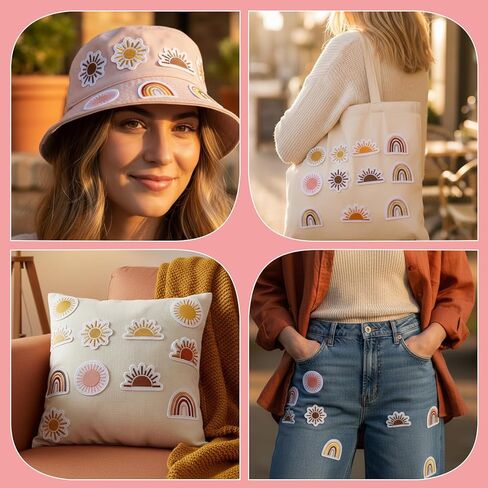 16 Pcs Sun Iron On Patches, Vintage Rainbow Embroidery Patches for Clothing Repair, Cute Boho Sewing Accessories for Decorative DIY Crafts, Jeans Backpacks Hats Jackets in Saudi Arabia
