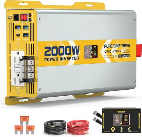 XWJNE 2000W Pure Sine Wave Power Inverter 12V DC to 120V GFCI AC Converter with LCD Display and Remote for Home, RV, Truck, Off-Grid Solar Power in Saudi Arabia