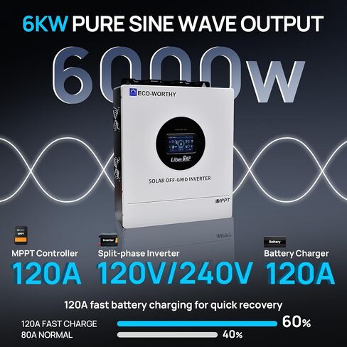 ECO-WORTHY 6KW Solar Off-Grid Split-Phase AIO Inverter, 48Vdc to 120Vac/240Vac, 9kW@500V PV Input in Saudi Arabia