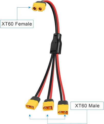 GINTOOYUN XT60 كابل تمديد مقسم 1 أنثى إلى 3 محول موصل ذكر، كابل تمديد الطاقة 12AWG XT60 للوحات الشمسية، مولد الطاقة الشمسية، محطة الطاقة المحمولة، الطائرة بدون طيار، RV، السفينة إلخ (0.3 متر) in Kuwait