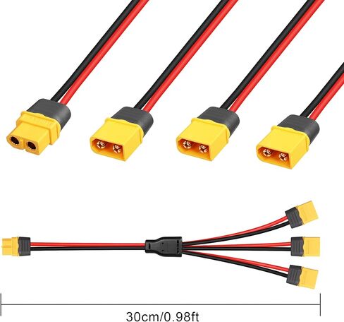 GINTOOYUN XT60 كابل تمديد مقسم 1 أنثى إلى 3 محول موصل ذكر، كابل تمديد الطاقة 12AWG XT60 للوحات الشمسية، مولد الطاقة الشمسية، محطة الطاقة المحمولة، الطائرة بدون طيار، RV، السفينة إلخ (0.3 متر) in Kuwait