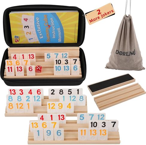 Rummy Cube 4 Player Edition with 4 Wooden Racks,108 Tiles Rummy Cube Game Original with Portable Case，Drawstring Bag Rummy Game Large Number Rummy Tiles Travel Game Set for Family Classic Board Games in Saudi Arabia