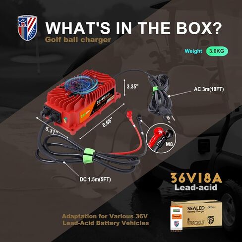 36V 18A Golf Cart Battery Charger Onboard or Wall Mount for EZGO TXT RXV/Club Car/Yamaha, 0V Battery Rescue Lead Acid Battery Charger with M8 Ring Terminal, IP67 Waterproof Sealed Trickle Charger in Saudi Arabia