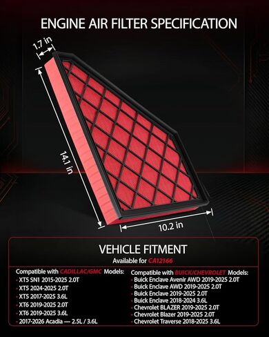 EVIL ENERGY Engine Air Filter, Compatible with Cadillac 2019-2025 XT5/XT6, Chevrolet 2019-2025 Blazer/Traverse, Buick 2018-2025 Enclave, GMC 2017-2025 Acadia, Replace CA12166 in Kuwait
