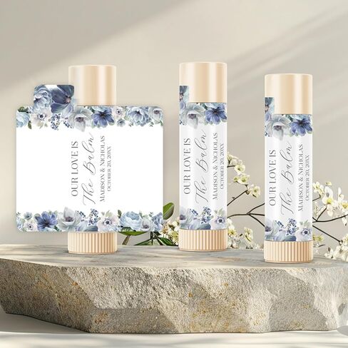 Personalized Lip Balm Labels with Your Choice of 30 Flower Styles - Choose Font and One of Four Pre-made Phrases or Add Custom Text - LABELS ONLY (021 Blue Flowers) in Saudi Arabia