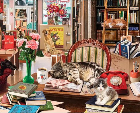 White Mountain 1000 Piece Jigsaw Puzzle Cats Vintage Bookstore Puzzles with Large Pieces, Gift for Adults and Family 24"x30" - Cozy Bookshop in Kuwait