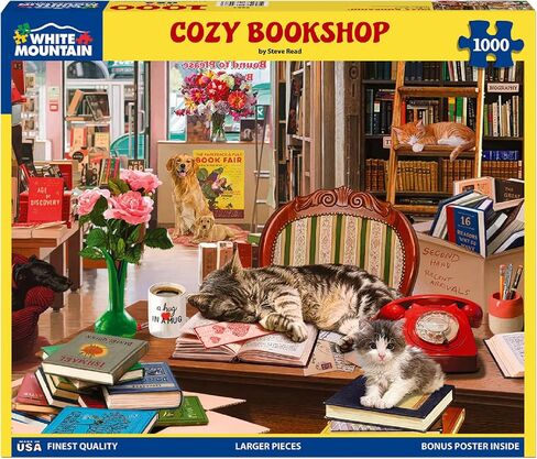 White Mountain 1000 Piece Jigsaw Puzzle Cats Vintage Bookstore Puzzles with Large Pieces, Gift for Adults and Family 24"x30" - Cozy Bookshop in Kuwait