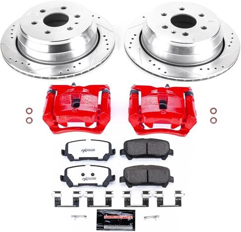 PowerStop Rear Brake & Caliper Kit for Chevrolet Colorado 2015-19 | GMC Canyon 2015-20 - Drilled & Slotted Disc Rotors + Z36 Brake Pads + Red-Powder Coated Calipers, KC7127-36 in Kuwait