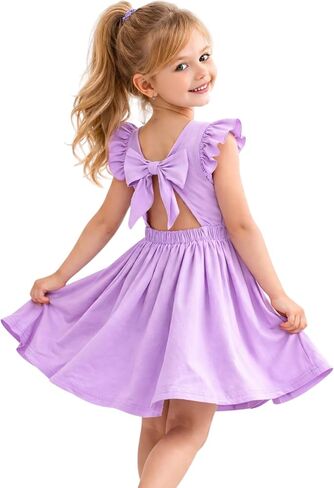 HILEELANG Toddler Girl Open Tie Back Dress Elegant Ruffle Short Flutter Sleeve Cotton Swing Twirly Sundress in Saudi Arabia