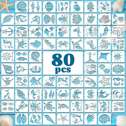 80 Pcs Reusable 3 Inch Ocean Stencils - Sea Creatures Painting Templates for DIY Crafts, Wall Decor, Rock Painting, Wood, Canvas, Home Art Projects in Saudi Arabia