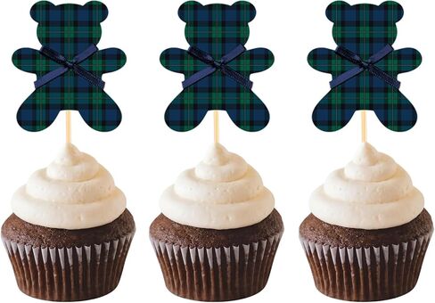 36 Pcs Green Blue Tartan Plaids Cupcake Toppers Bear Baby Shower Cake Decorations Vintage Tartan Preppy Bear Cupcake Toppers for Baby Shower Birthday Gender Reveal Party in Saudi Arabia