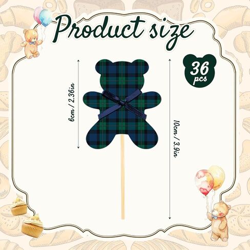 36 Pcs Green Blue Tartan Plaids Cupcake Toppers Bear Baby Shower Cake Decorations Vintage Tartan Preppy Bear Cupcake Toppers for Baby Shower Birthday Gender Reveal Party in Saudi Arabia