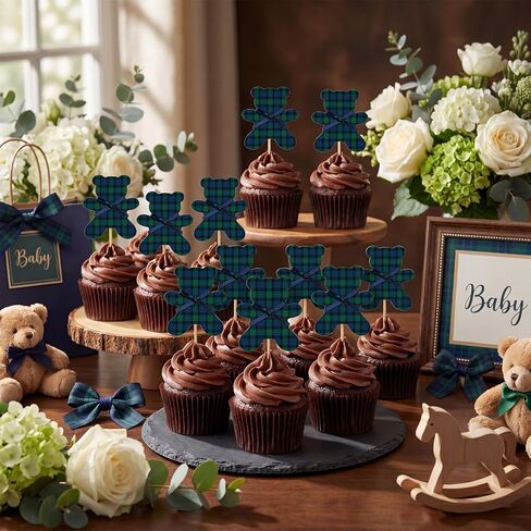 36 Pcs Green Blue Tartan Plaids Cupcake Toppers Bear Baby Shower Cake Decorations Vintage Tartan Preppy Bear Cupcake Toppers for Baby Shower Birthday Gender Reveal Party in Saudi Arabia