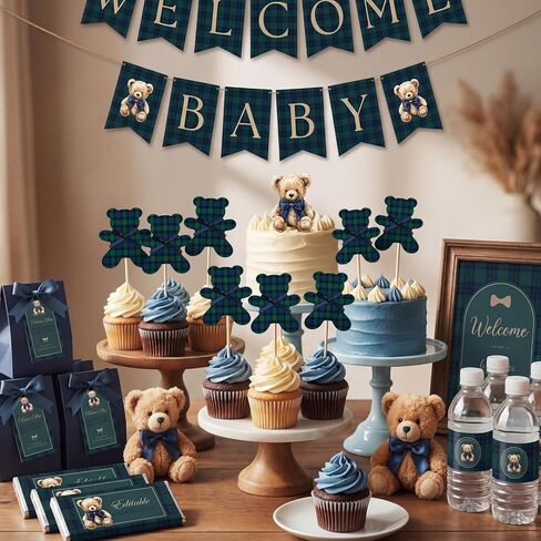 36 Pcs Green Blue Tartan Plaids Cupcake Toppers Bear Baby Shower Cake Decorations Vintage Tartan Preppy Bear Cupcake Toppers for Baby Shower Birthday Gender Reveal Party in Saudi Arabia