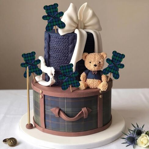36 Pcs Green Blue Tartan Plaids Cupcake Toppers Bear Baby Shower Cake Decorations Vintage Tartan Preppy Bear Cupcake Toppers for Baby Shower Birthday Gender Reveal Party in Saudi Arabia