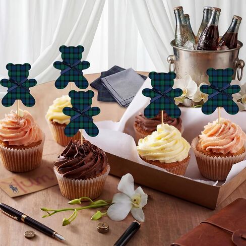 36 Pcs Green Blue Tartan Plaids Cupcake Toppers Bear Baby Shower Cake Decorations Vintage Tartan Preppy Bear Cupcake Toppers for Baby Shower Birthday Gender Reveal Party in Saudi Arabia