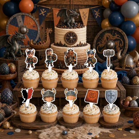 20PCS Viking Cupcake Toppers – Nordic Warrior Birthday Party Cake Decorations for Kids Boys Girls, Viking Theme Dessert Picks Party Supplies (10 Designs) in Saudi Arabia