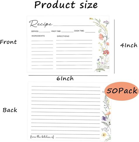 50 Pack 4x6 Recipe Cards, Double Sided Wildflower Recipe Cards for Bridal Shower, Weeding, Housewarming, Kitchen Gifts, Christmas Cardstock Index Menu Card in Saudi Arabia