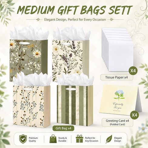 Vintage Floral Gift Bags with Handles Set of 4, Medium Rustic Green Paper Gift Bags with Tissue Paper, Greeting Cards & Ribbon, Cute Botanical Gift Wrap Bags for Women Birthday Wedding Baby Shower in Saudi Arabia