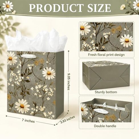 Vintage Floral Gift Bags with Handles Set of 4, Medium Rustic Green Paper Gift Bags with Tissue Paper, Greeting Cards & Ribbon, Cute Botanical Gift Wrap Bags for Women Birthday Wedding Baby Shower in Saudi Arabia