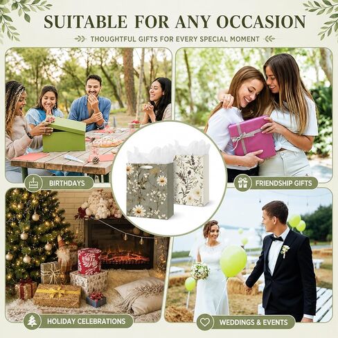 Vintage Floral Gift Bags with Handles Set of 4, Medium Rustic Green Paper Gift Bags with Tissue Paper, Greeting Cards & Ribbon, Cute Botanical Gift Wrap Bags for Women Birthday Wedding Baby Shower in Saudi Arabia