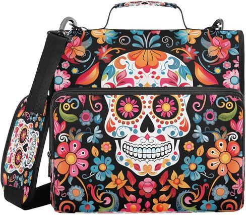 ALAZA Halloween Sugar Skull Flower الأزهار سحاب الموثق 3 حلقات منظم مع سحاب وحزام الكتف سعة كبيرة متعددة جيوب للعمل اللوازم المكتبية in Kuwait