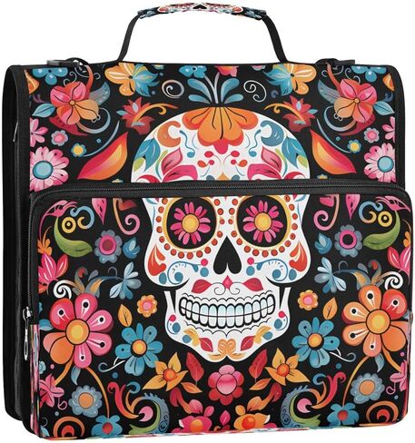 ALAZA Halloween Sugar Skull Flower الأزهار سحاب الموثق 3 حلقات منظم مع سحاب وحزام الكتف سعة كبيرة متعددة جيوب للعمل اللوازم المكتبية in Kuwait