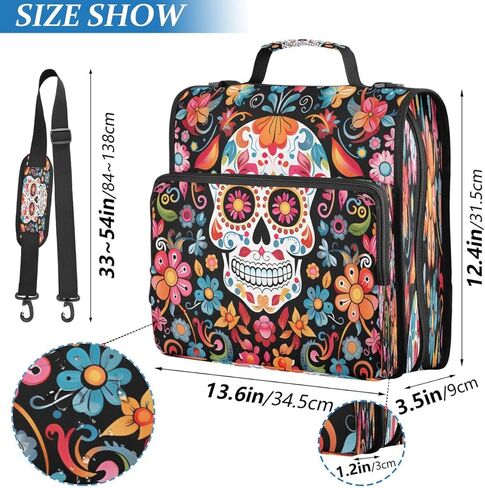 ALAZA Halloween Sugar Skull Flower الأزهار سحاب الموثق 3 حلقات منظم مع سحاب وحزام الكتف سعة كبيرة متعددة جيوب للعمل اللوازم المكتبية in Kuwait