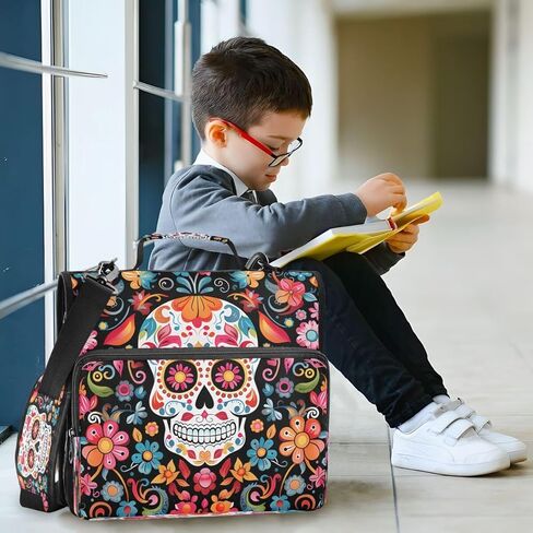 ALAZA Halloween Sugar Skull Flower الأزهار سحاب الموثق 3 حلقات منظم مع سحاب وحزام الكتف سعة كبيرة متعددة جيوب للعمل اللوازم المكتبية in Kuwait