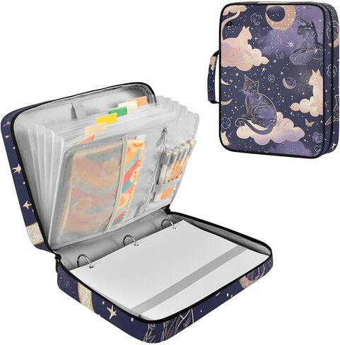حقيبة ALAZA Cat Moon Star Witchy Purple ذات 3 حلقات مع منظم ملفات الأكورديون 7 جيوب، حجم الحروف، محفظة ملفات قابلة للتوسيع ومجلدات حلقية in Kuwait