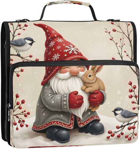 ALAZA Gnome Rabbit Bird Zipper Binder 3 Ring Binder Organizer with Zipper and Shoulder Strap Large Capacity Multi-Pocket for Office Supplies Work in Kuwait