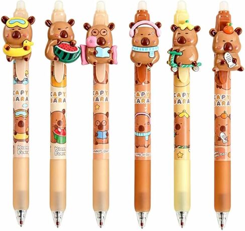 6 Pcs Cute Capybara Erasable Pens, 0.5mm Retractable Fine Point, Smooth Black Ink, Kawaii Cartoon Stationery for Back to School Office Supplies, Party Favors for Students Boys Girls Daily Use in Saudi Arabia