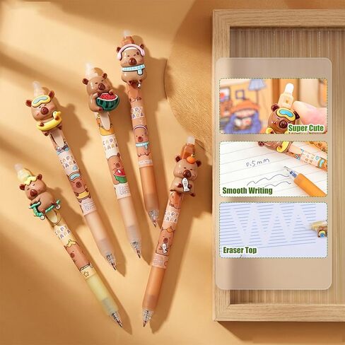 6 Pcs Cute Capybara Erasable Pens, 0.5mm Retractable Fine Point, Smooth Black Ink, Kawaii Cartoon Stationery for Back to School Office Supplies, Party Favors for Students Boys Girls Daily Use in Saudi Arabia