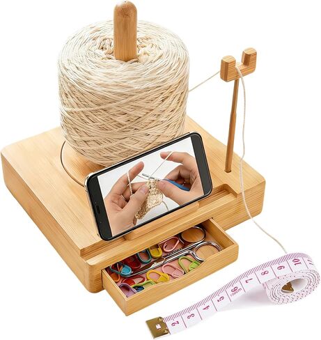 Portable Multi-Functional Wooden Yarn Spool Rotator with Phone Holder, Detachable Yarn Spool Box and Crochet Accessory Storage Box, Designed for Knitting Enthusiasts. (Original Wood Style) in Saudi Arabia