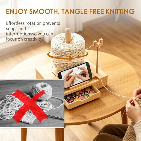 Portable Multi-Functional Wooden Yarn Spool Rotator with Phone Holder, Detachable Yarn Spool Box and Crochet Accessory Storage Box, Designed for Knitting Enthusiasts. (Original Wood Style) in Saudi Arabia