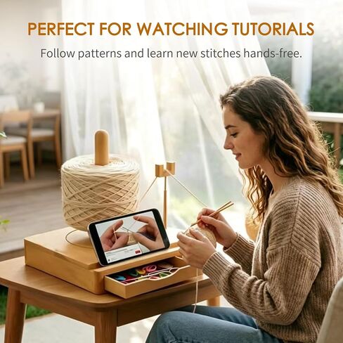 Portable Multi-Functional Wooden Yarn Spool Rotator with Phone Holder, Detachable Yarn Spool Box and Crochet Accessory Storage Box, Designed for Knitting Enthusiasts. (Original Wood Style) in Saudi Arabia