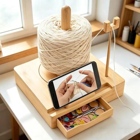 Portable Multi-Functional Wooden Yarn Spool Rotator with Phone Holder, Detachable Yarn Spool Box and Crochet Accessory Storage Box, Designed for Knitting Enthusiasts. (Original Wood Style) in Saudi Arabia