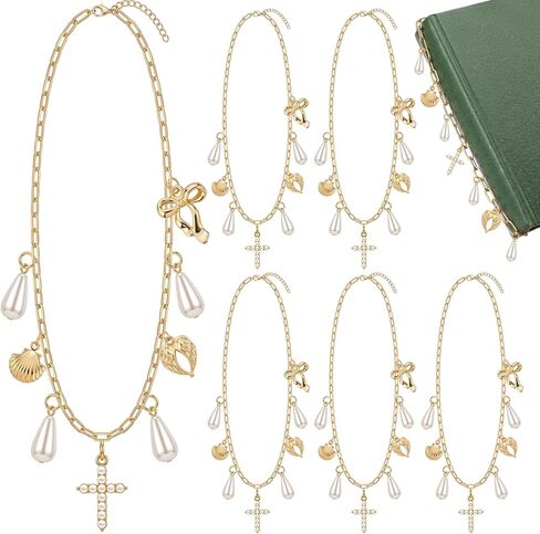 MTLEE 6 Pack Gold Bible Charm Chain Bookmark Necklace with Elegant Cross and Pearl Faith Christian Bookmark Scripture Reminder Religious Gift for Women VBS Bible Study Journal and Devotional Reading in Kuwait