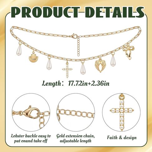 MTLEE 6 Pack Gold Bible Charm Chain Bookmark Necklace with Elegant Cross and Pearl Faith Christian Bookmark Scripture Reminder Religious Gift for Women VBS Bible Study Journal and Devotional Reading in Kuwait