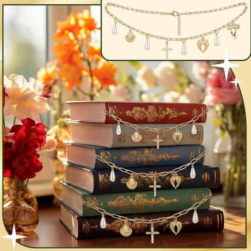 MTLEE 6 Pack Gold Bible Charm Chain Bookmark Necklace with Elegant Cross and Pearl Faith Christian Bookmark Scripture Reminder Religious Gift for Women VBS Bible Study Journal and Devotional Reading in Kuwait