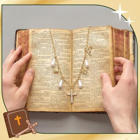 MTLEE 6 Pack Gold Bible Charm Chain Bookmark Necklace with Elegant Cross and Pearl Faith Christian Bookmark Scripture Reminder Religious Gift for Women VBS Bible Study Journal and Devotional Reading in Kuwait