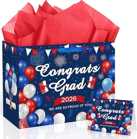 Woosytoo Congrats Grad Gift Bag 2026, Red White Blue Graduation Party Decorations Large 2026 Graduation Gift Bag with Greeting Card and Tissue Paper Class of 2026 Graduation Party Supplies in Kuwait