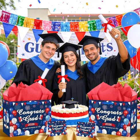 Woosytoo Congrats Grad Gift Bag 2026, Red White Blue Graduation Party Decorations Large 2026 Graduation Gift Bag with Greeting Card and Tissue Paper Class of 2026 Graduation Party Supplies in Kuwait